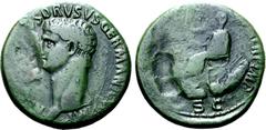 Roman Imperial Nero Claudius Drusus (father of Claudius) Æ Sestertius. Rome, AD 41-50. [NERO CLAVDIV]S DRVSVS GERMANI[CVS] IMP, bare head to left / [TI CLAVDIVS CAESAR AVG P M] TR P IMP, Claudius seat