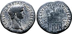 Roman Imperial Claudius Æ Sestertius. Rome, AD 41-45. TI CLAVDIVS CAESAR AVG P M TR P IMP, laureate head to right / NERO CLAVDIVS DRVSVS GERMAN IMP, the triumphal arch of Nero Claudius Drusus, surmoun