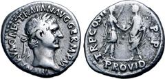 Roman Imperial Trajan AR Denarius. Rome, AD 98-99. IMP NERVA CAES TRAIAN AVG GERM P M, laureate head to right / TR P COS II P P, Nerva standing to left, holding roll and holding out globe to Trajan st