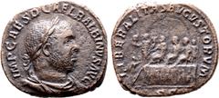 Roman Imperial Balbinus Æ Sestertius. Rome, AD 238. IMP CAES D CAEL BALBINVS AVG, laureate, draped and cuirassed bust to right / LIBERALITAS AVGVSTORVM, Balbinus, Pupienus, and Gordian III, all seated
