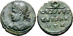Roman Imperial Crispus, as Caesar, Æ 15mm. Treveri, AD 326. Laureate, draped and cuirassed bust to left / CRISPVS CAESAR in two lines; wreath above, PTR below. RIC VII 488 var. (star above); Berlin St