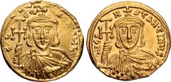 Byzantine Constantine V Copronymus, with Leo III, AV Solidus. Constantinople, AD 742-745. C LЄON [P A M]ЧL, crowned and draped bust of Leo facing, holding cross potent and akakia / bN CONSƮANƮINЧS, cr