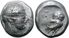 Greek Attica, Athens AR Tetradrachm. Circa 510-500/490 BC. Archaic head of Athena to right, wearing plain crested Attic helmet, round earring with central boss and pearl necklace / Owl standing to rig