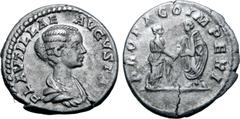 Roman Imperial Plautilla (wife of Caracalla) AR Denarius. Rome, AD 202. PLAVTILLAE AVGVSTAE, draped bust to right / PROPAGO IMPERI, Plautilla and Caracalla clasping hands. RIC IV 362 (Caracalla); BMCR