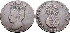 Medieval and World Barbados, British Colonial. Pineapple CU Penny Token. Issued by Sir Philip Gibbs for plantation payments, AD 1788. Head of a slave to left, wearing coronet and three feather plume; 