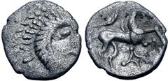 Spain, Gaul and Celtic Britannia, Iceni. 'Norfolk God' AR Unit. Moustache type. 20 BC-AD 10. Male head to right, moustachioed, with oval eye, short dashes for hair with longer crescents behind, each w
