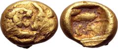 Greek Kingdom of Lydia, Kroisos AV 1/12 Stater. Light standard. Sardes, 550-520 BC. Confronted foreparts of roaring lion to right, with extended foreleg, and bull to left / Incuse square. GRPC Lydia 5