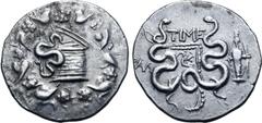 Greek Lydia, Tralleis AR Cistophoric Tetradrachm. Circa 133 BC. Time-, magistrate. Serpent emerging from cista mystica; all within ivy wreath / Two serpents entwined around bow and bowcase; TIME above