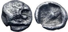 Greek Karia, uncertain mint AR Hemiobol or Tetartemorion. Circa 5th century BC. Forepart of roaring lion to right / Uncertain design within incuse square. Cf. HNO 2138.1 = Kayhan 980 (obol, eagle in i