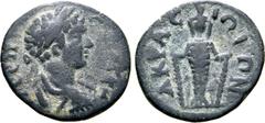 Roman Provincial Geta, as Caesar, Æ 19mm of Acrasus, Lydia. AD 198-209. Π CЄΠΤΙ ΓЄΤΑC ΚA, laureate, draped and cuirassed bust to right / AKPACIΩTΩΝ, cult statue of Artemis Ephesia facing, two stags st