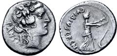 Roman Republic C. Vibius C. f. C. n. Pansa Caetronianius AR Denarius. Rome, 48 BC. Young bust of Bacchus to right, wearing ivy wreath; PANSA behind / Ceres walking to right, carrying torch in each han