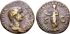 Roman Imperial Antonia (mother of Claudius) Æ Dupondius. Rome, AD 41-50. ANTONIA AVGVSTA, draped bust to right / TI CLAVDIVS CAESAR AVG P M TR P IMP, Claudius, veiled and togate, standing to left and 