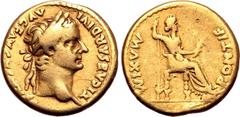 Roman Imperial Tiberius AV Aureus. Lugdunum, AD 14-37. TI CAESAR DIVI AVG F AVGVSTVS, laureate head to right / PONTIF MAXIM, Livia, as Pax, seated to right on throne with ornamented legs, holding scep