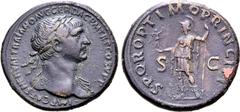 Roman Imperial Trajan Æ Sestertius. Rome, AD 107-108. IMP [C]AES NERVAE TRAIANO AVG GER DAC P M TR P COS V P P, laureate bust to right, slight drapery on far shoulder / S P Q R OPTIMO PRINCIPI, Roma s
