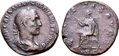 Roman Imperial Gordian I Africanus Æ Sestertius. Rome, AD 238. IMP CAES M ANT GORDIANVS AFR AVG, laureate, draped and [cuirassed] bust to right / S[E]CVRITAS AVGG, Securitas seated to left, holding sh