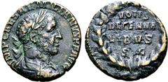 Roman Imperial Aemilian Æ As. Rome, AD 253. IMP CAES AEMILIANVS P F AVG, laureate, draped and cuirassed bust to right / VOTIS DECENNALIBVS S C in four lines within laurel-wreath. RIC IV 42b var. (obv 