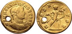 Roman Imperial Carinus, as Caesar, AV Aureus. Siscia, AD 282-283. M AVR CARINVS NOB CAES, laureate, draped and cuirassed bust to right / MARS VLTOR, Mars advancing to right, holding spear and shield. 
