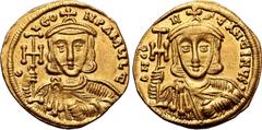 Byzantine Leo III 'the Isaurian', with Constantine V, AV Solidus. Constantinople, AD 742-745. G LЄON P A MЧLƮ, crowned and draped bust of Leo facing, holding cross potent and akakia / G N CONSƮANƮINЧS