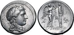 Greek Sicily, Syracuse AR Tetradrachm. Time of Agathokles, circa 310-305 BC. Head of Kore to right, wearing wreath of grain ears, single-pendant earring, and necklace; KOPAΣ to left / Nike standing to
