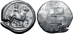 Greek Kingdom of Macedon, Alexander I AR Oktadrachm. Aigai, circa 492-479 BC. Horseman, wearing chlamys and petasos, and holding two spears, leading bridled horse branded with kerykeion symbol on flan
