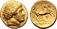 Greek Kingdom of Macedon, temp. Philip II - Alexander III AV Stater. In the name and types of Philip II. Pella, circa 340-328 BC. Laureate head of Apollo to right / Charioteer, holding kentron and rei