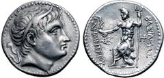 Greek Kingdom of Macedon, Demetrios I Poliorketes AR Tetradrachm. Amphipolis, 291-290 BC. Diademed and horned head to right / Poseidon seated to left on low rock, holding trident and aphlaston; BAΣIΛE
