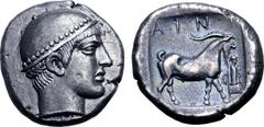 Greek Thrace, Ainos AR Tetradrachm. Circa 455/4-453/2 BC. Head of Hermes to right, wearing petasos / Goat standing to right; AINI above, herm facing to right and small kerykeion, both on garlanded thr