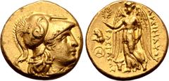 Greek Kings of Thrace, Lysimachos AV Stater. In the types of Alexander III of Macedon. Sestos, circa 299/8-297/6 BC. Head of Athena to right, wearing necklace and crested Corinthian helmet decorated w