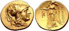Greek Moesia, Kallatis AV Stater. In the name and types of Alexander III of Macedon. Circa 220-225 BC. Head of Athena to right, wearing triple-crested Corinthian helmet decorated with coiled serpent /