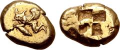 Greek Mysia, Kyzikos EL Stater. Circa 550-450 BC. Winged figure to left, consisting of man's body with dolphin's head, holding tunny fish in left hand, right hand raised behind head / Quadripartite in