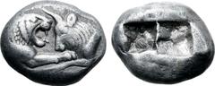 Greek Kingdom of Lydia, Kroisos AR Stater - Double Siglos. Sardes, circa 564/53-550/39 BC. Confronted foreparts of lion to right and bull to left / Two incuse squares of unequal size. GRPC Lydia S1; B