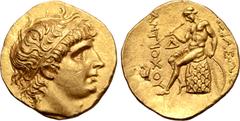 Greek Seleukid Empire, Antiochos I Soter AV Stater. Aï Khanoum, circa 266-261 BC. Diademed head to right, with rejuvenated and idealised features / Apollo Delphios seated to left on omphalos, testing 