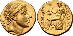Greek Seleukid Empire, Antiochos II Theos AV Stater. Aï Khanoum, 261-246 BC. Diademed head to right / Apollo Delphios seated to left on omphalos, testing arrow in his right hand, left hand holding tip