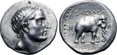 Greek Seleukid Empire, Antiochos III 'the Great' AR Tetradrachm. Uncertain mint 56, probably in western Asia Minor, perhaps Sardes, circa 203 BC. Diademed head to right / Indian elephant standing to r