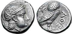 Greek Baktria, 'Athenian Series' AR Didrachm. Uncertain mint in the Oxus region, circa 261-239/8 BC. Attic standard. Head of Athena to right, wearing earring, necklace, and crested Attic helmet decora