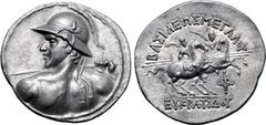 Greek Greco-Baktrian Kingdom, Eukratides I Megas AR Tetradrachm. Circa 170-145 BC. Diademed heroic bust to left, seen from behind, wearing crested helmet adorned with bull's horn and ear, brandishing 