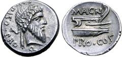 Roman Imperatorial Cnaeus Pompey Magnus AR Denarius. Corcyra, 48 BC. Cn. Calpurnius Piso, proquaestor. Head of Numa Pompilius to right, wearing diadem inscribed NVMA; CN•PISO PRO•Q• around / Prow of g