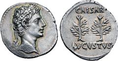 Roman Imperial Augustus AR Denarius. Uncertain Spanish mint (Colonia Patricia?), 20-19 BC. Laureate head to right / Two laurel trees; CAESAR above; AVGVSTVS below. RIC I 51; BMCRE 352 = BMCRR Rome 445