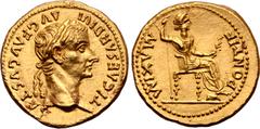 Roman Imperial Tiberius AV Aureus. Lugdunum, circa AD 14-37. TI CAESAR DIVI AVG F AVGVSTVS, laureate head to right / PONTIF MAXIM, Livia, as Pax, seated to right on throne with ornamented legs, holdin
