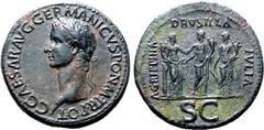 Roman Imperial Caligula Æ Sestertius. Rome, AD 37-38. C CAESAR AVG GERMANICVS PON M TR POT, laureate head to left / AGRIPPINA DRVSILLA IVLIA, the three sisters of Caligula standing facing: Agrippina, 