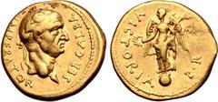 Roman Imperial Galba AV Aureus. Uncertain mint in Gaul, AD 68. SER GALBA IMPERATOR, laureate head to right / VICTORIA P R, Victory standing to left on globe, holding wreath and palm. RIC I 110; C -; B