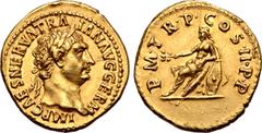 Roman Imperial Trajan AV Aureus. Rome, AD 98-99. IMP CAES NERVA TRAIAN AVG GERM, laureate head to right / P M TR P COS II P P, Germania seated to left on oblong shields, holding branch in right hand a