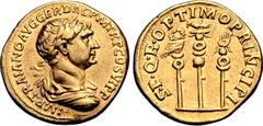 Roman Imperial Trajan AV Aureus. Rome, AD 113-114. • IMP • TRAIANO AVG GER DAC P M TR P COS VI P P, laureate, draped and cuirassed bust to right / S • P • Q • R • OPTIMO PRINCIPI, aquila between vexil
