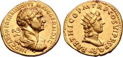Roman Imperial Trajan AV Aureus. Rome, AD 116-117. IMP CAES NER TRAIAN OPTIM AVG GERM DAC, laureate, draped and cuirassed bust to right / PARTHICO P M TR P P COS VI P P S P Q R, radiate and draped bus