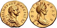 Roman Imperial Divus Trajan, with Plotina (wife of Trajan), AV Aureus. Rome, AD 117-118. DIVO TRAIANO PARTH AVG PATRI, laureate and draped bust to right / PLOTINAE AVG, diademed and draped bust to rig