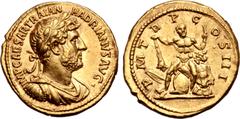 Roman Imperial Hadrian AV Aureus. Rome, AD 119-122. IMP CAESAR TRAIAN HADRIANVS AVG, laureate, draped and cuirassed bust to right / P M TR P COS III, Hercules seated facing, on shield and cuirass, hol