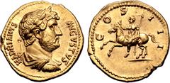 Roman Imperial Hadrian AV Aureus. Rome, AD 125-127. HADRIANVS AVGVSTVS, laureate, draped and cuirassed bust to right / COS III, Emperor on horse prancing to left, raising right hand and holding spear 
