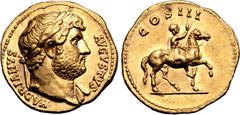 Roman Imperial Hadrian AV Aureus. Rome, AD 125-128. HADRIANVS AVGVSTVS, laureate bust to right, slight drapery on far shoulder / COS III, Hadrian riding horse stepping right, and raising right hand. R