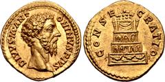 Roman Imperial Divus Marcus Aurelius AV Aureus. Rome, after 17 March AD 180. DIVVS M ANTONINVS PIVS, bare head to right / CONSECRATIO, four-story funeral pyre garlanded and adorned with statues, emper
