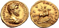 Roman Imperial Lucius Verus AV Aureus. Rome, AD 165. L VERVS ARM PARTH MAX, laureate, draped and cuirassed bust to right / TR P V IMP III COS II, Emperor on horseback to right, spearing fallen enemy b